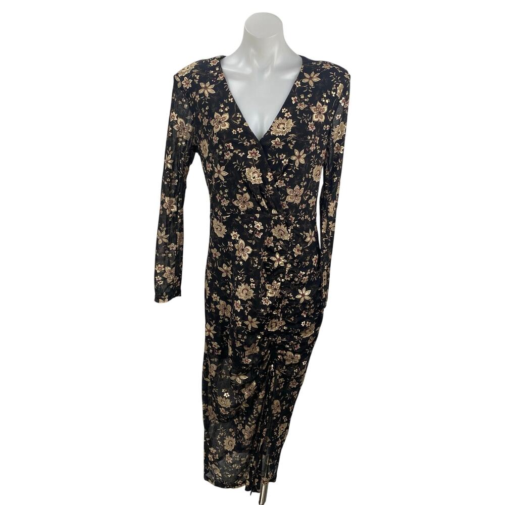 Dress Forum Black Beige Floral Long Sleeve Faux Wrap Surplice Midi Dress Size L